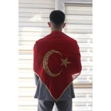 moms and babies Kırmızı Şifon Nakış İşlemeli Kına - Damat - Asker Omuz Şalı Atkısı Örtüsü Gold Ayyıldız Nakış İşleme 21042507