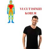 Momslab Erkek Siyah Termal Kısa Kol V Yaka Atlet -20 Derece Nefes Alabilen Pamuklu Malzeme ile Tam Koruma - XL