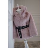 mon icone Kız Çocuk Pembe Astarlı Kadife Kürk Yumuşacık Peluş Kaban Parka