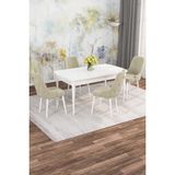 Mona Beyaz 80X132 Açılabilir Mdf Masa Yemek Odası Takımı, Mutfak Takımı 4 Adet Sandalye - Krem
