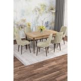 Mona Meşe Desen 80X132 Açılabilir Mdf Masa Yemek Odası Takımı, Mutfak Takımı 6 Adet Sandalye - Krem