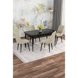 Mona Siyah Mermer 80X132 Açılabilir Mdf Masa Yemek Odası Takımı, Mutfak Takımı 4 Adet Sandalye - Krem