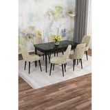 Mona Siyah Mermer 80X132 Açılabilir Mdf Masa Yemek Odası Takımı, Mutfak Takımı 6 Adet Sandalye - Krem