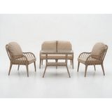 Monalin Home Garden Alaçatı Kapuçino 4 Kişilik(2-1-1-Masa) Rattan Örgü Bahçe & Balkon & Teras Oturma Grubu Minderli & Camlı & Masalı Takım
