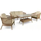 Monalin Home Garden Miami 5 Kişilik(3-1-1-Masa) Rattan Örgü Bahçe & Balkon & Teras Oturma Grubu Minderli & Camlı & Masalı Takım - Kahverengi - Krem