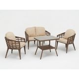 Monalin Home Garden Venedik Kahverengi 4 Kişilik(2-1-1-Masa) Rattan Örgü Bahçe & Balkon & Teras Oturma Grubu Minderli & Camlı & Masalı Takım - Kahveregi