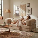 MONAMI Dechome Meganest 200x100 Modern Fitilli Kadife Kanepe| Yatak Olabilen, Dayanıklı Orta Sert Sünger, Yıkanabilir Kılıf - 200x100 MegaNest - Bej