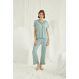 Monamise 18465 Yeşil Kısa Kollu V Yakalı Dantelli Kadın Pijama Takımı