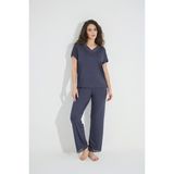Monamise 18484 Lacivert Dantelli Kısa Kollu V Yakalı Kadın Pijama Takımı