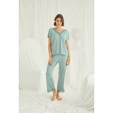 Monamise Kadın Kısa Kollu V Yakalı Dantelli Pijama Takımı - XL - Açık Yeşil