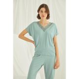 Monamise Kadın Kısa Kollu V Yakalı Dantelli Pijama Takımı, Yeşil, S Beden