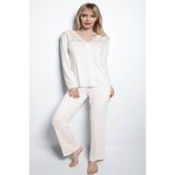 Monamise Kadın Uzun Kollu Pijama Takımı, Dantel Detaylı, Ekru, S Beden