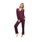 Monamise Kadın Uzun Kollu Pijama Takımı, V Yaka, Dantel Detaylı, Bordo, M Beden
