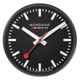 Mondaine - Duvar saati A990.Clock.64SBB 25 cm - Kırmızı saniye göstergeli alüminyumdan siyah renkte tren istasyonu saati toza dayanıklı - İsviçre'de üretilmiştir