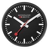 Mondaine Duvar saati A990.Clock.64SBB 25 cm - tren istasyonu saati siyah alüminyum kırmızı saniye ibreli toz geçirmez, Schwarz, Minimalist