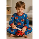 Moni Erkek Çocuk Likralı Penye Kaliteli İtfaiye Baskılı Pijama Takımı - Mavi - 2 Yaş
