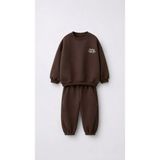 Monila Unisex Çocuk Basic Yazı Detaylı 3 Iplik Kumaş Eşofman Takım - 7 - 8 Yaş - Kahverengi