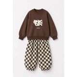 Monila Unisex Çocuk Inek Baskılı Kahverengi Sweatshirt ve Dama Baskılı Eşofman Takım - 3 - 4 Yaş
