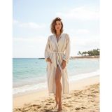 Monochrome Bornoz Sabahlık Kimono % 100 Pamuk Kara Tezgah El Dokuma-Ekru - Standart