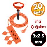 Monofaze Cca Uzatma Kablosu 3X2.5 Mm Çoğaltıcı Seyyar Topraklı Kapaklı 3'Lü Grup Priz Fiş 20 Metre