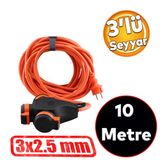Monofaze Çoğaltıcı Seyyar Topraklı 3'Lü Grup Priz Fiş 10 Metre Çoklu Cca Uzatma Kablosu 3X2.5 Mm