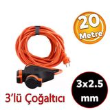 Monofaze Çoğaltıcı Seyyar Topraklı 3'Lü Grup Priz Fiş 20 Metre Cca Kablo Uzatma Kablosu 3X2.5 Mm