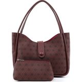 Monogram Baskılı Bordo SHK79 Deri Düğme Detaylı Çıtçıtlı Makyaj Çantalı Kol ve Omuz Çantası - Desenli