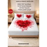 MonoHome %100 Pamuk Percale Lastikli Çarşaf Özel Tasarım 5d Dijital 60 Tell Rose Heart