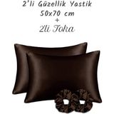 MonoHome İpek Saten Yastık Kılıfı 2 Adet 50x70cm 2 Adet Saten Tokalı Kahverengi - 50 x 70 cm