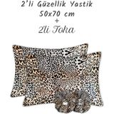 MonoHome İpek Saten Yastık Kılıfı 2 Adet 50x70cm 2 Adet Saten Tokalı Leopar - 50 x 70 cm - Kahverengi
