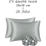 MonoHome İpek Saten Yastık Kılıfı 2 Adet 50x70cm 2 Adet Saten Tokalı Silver - 50 x 70 cm - Gümüş
