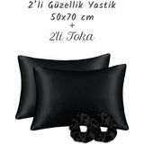 MonoHome İpek Saten Yastık Kılıfı 2 Adet 50x70cm 2 Adet Saten Tokalı Siyah - 50 x 70 cm
