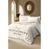 Monohome Kişiye Özel %100 Pamuk Nevresim Takımı – Kalp Tasarımlı Isim & Evlilik Tarihi Işlemeli - Sarı - Bej - 200 x 220 cm