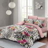 Monohome Leopar ( Lastikli Çarşaflı ) Çift Kişilik Nevresim Takımı Özel Dokuma Pamuk Saten Zebra Flowers - Pudra - 200 x 220 cm