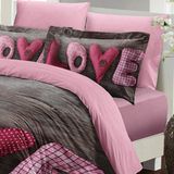 Monohome Sevgililer Günü Çift Kişilik Nevresim Takımı %100 Pamuk Saten Love - 200 x 220 cm - Pembe - Gri