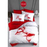 Monohome Sevgililer Günü Lastikli Çarşaflı %100 Pamuk Saten Çift Kişilik Nevresim Takımı Love Kiss - Beyaz - Kırmızı - 200 x 220 cm