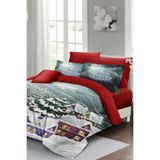 MONOHOME Yılbaşı Nevresim Takımı Çift Kişilik Snow House Desenli Lastikli Çarşaflı, MONOHOME41007
