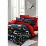Monohome Yılbaşı Süsü Dark Deer 3D Desenli Çift Kişilik Nevresim Takımı Lacivert Pamuk Saten Standart Ebat