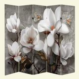 MonoStella Beyaz Çiçekli 5 Kanatlı Oda Bölücü Çift Taraflı Kanvas Paravan - 200 x 180 cm - Renkli