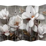 MonoStella Beyaz Çiçekli 6 Kanatlı Oda Bölücü Çift Taraflı Kanvas Paravan - 240 x 180 cm - Renkli