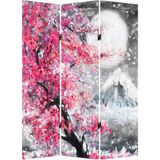 MonoStella Fuji Dağı Kiraz Çiçeği Manzara Yağlı Boya 3 Kanatlı Oda Bölücü Çift Taraflı Kanvas Paravan - 120 x 180 cm - Renkli