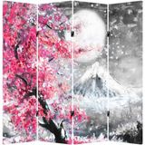 MonoStella Fuji Dağı Kiraz Çiçeği Manzara Yağlı Boya 4 Kanatlı Oda Bölücü Çift Taraflı Kanvas Paravan - 160 x 180 cm - Renkli