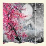 MonoStella Fuji Dağı Kiraz Çiçeği Manzara Yağlı Boya 5 Kanatlı Oda Bölücü Çift Taraflı Kanvas Paravan - 200 x 180 cm - Renkli