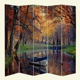 MonoStella Gölde Kayık 5 Kanatlı Oda Bölücü Çift Taraflı Kanvas Paravan - 200 x 180 cm - Renkli