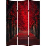 MonoStella Kırmızı Ağaçlı Orman Yolu 3 Kanatlı Oda Bölücü Çift Taraflı Kanvas Paravan - 120 x 180 cm - Renkli