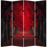 MonoStella Kırmızı Ağaçlı Orman Yolu 4 Kanatlı Oda Bölücü Çift Taraflı Kanvas Paravan - 160 x 180 cm - Renkli