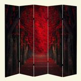 MonoStella Kırmızı Ağaçlı Orman Yolu 5 Kanatlı Oda Bölücü Çift Taraflı Kanvas Paravan - 200 x 180 cm - Renkli