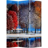 MonoStella Kış Manzara 3 Kanatlı Oda Bölücü Çift Taraflı Kanvas Paravan - 120 x 180 cm - Renkli