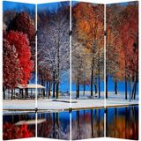 MonoStella Kış Manzara 4 Kanatlı Oda Bölücü Çift Taraflı Kanvas Paravan - 160 x 180 cm - Renkli