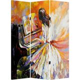 MonoStella Piyano Çalan Kızl 3 Kanatlı Oda Bölücü Çift Taraflı Kanvas Paravan - 120 x 180 cm - Renkli